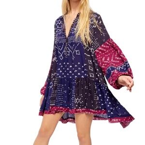 Free People Shibori Long Sleeve Tunic Dress Indigo Print